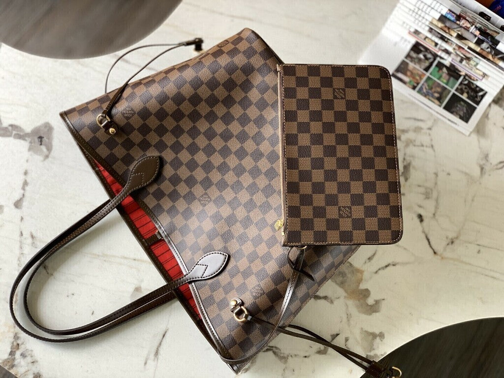 Lv Neverfull Inside Out MM Brown and Red.