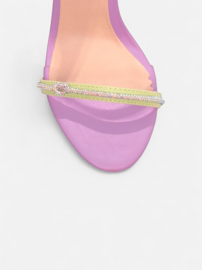 Sandália Salto Alto Colorida Croco com Cordão de Strass e Fivela Prata