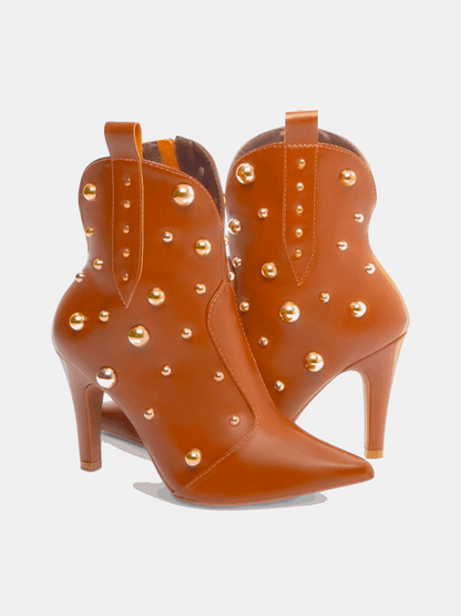 Bota Salto Fino Bico Fino com Apliques Metalizados