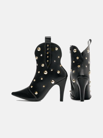 Bota Salto Fino Bico Fino com Apliques Metalizados