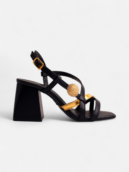 Sandália Napa Preto com Strass Cristal e Salto Grosso